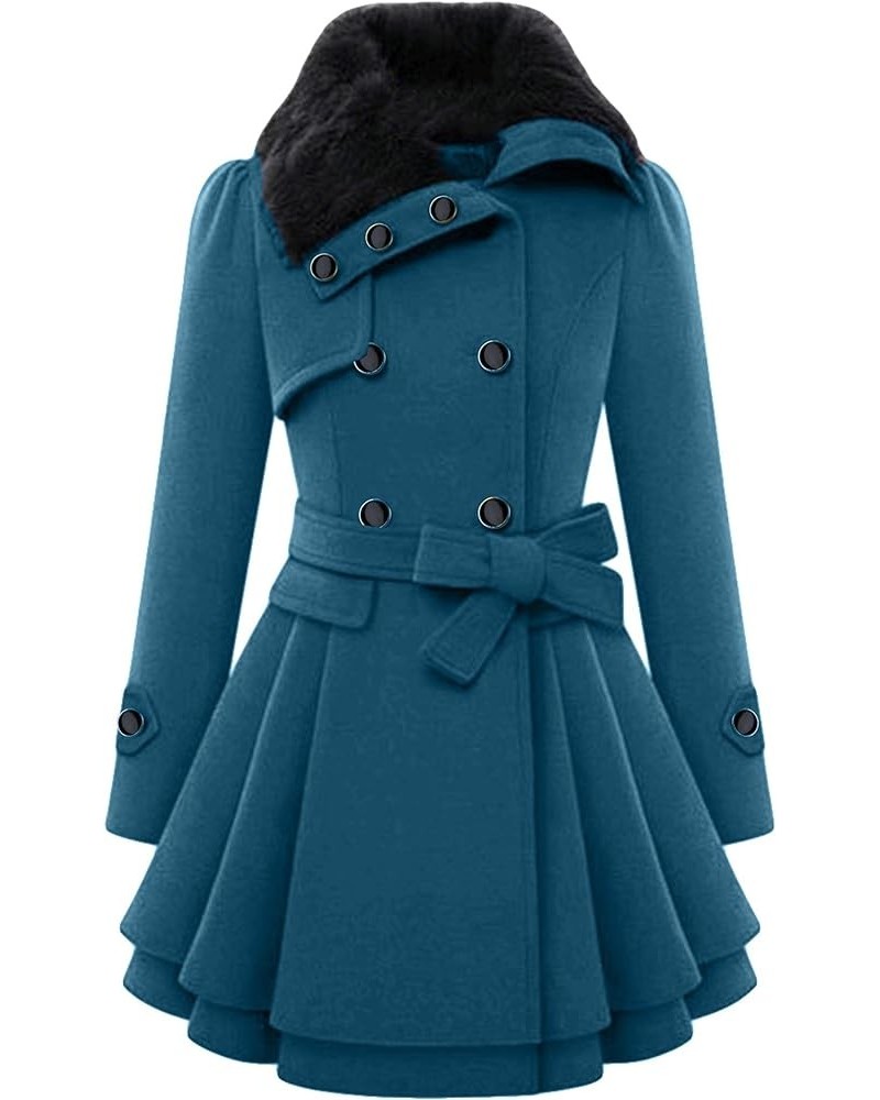 Womens Lapel Faux Fur Collar Jacket Double Breasted Wool Blend Trench Coat Midi Swing Peacoats with Belt Turquoise $18.80 Jac...