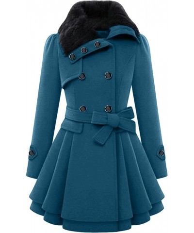 Womens Lapel Faux Fur Collar Jacket Double Breasted Wool Blend Trench Coat Midi Swing Peacoats with Belt Turquoise $18.80 Jac...