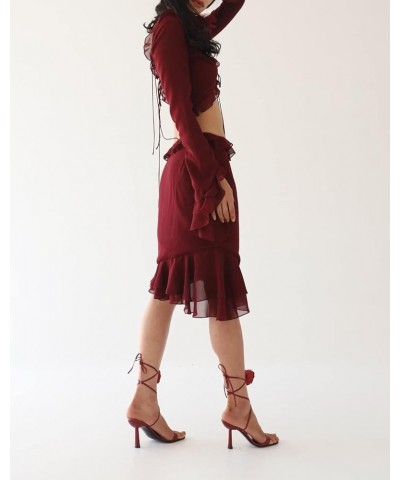 Women Y2K Ruffle 2 Piece Skirt Set Off Shoulder Sheer Mesh Tube Top Fringed Irregular Skirts Outfit Streetwear G-red $12.09 S...