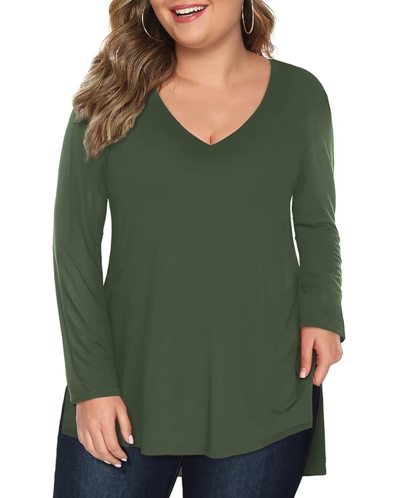 Plus Size Womens Clothes Long/Short Sleeve V Neck Tops Casual Loose Fit Basics High Low T Shirts B-army Green $10.39 T-Shirts