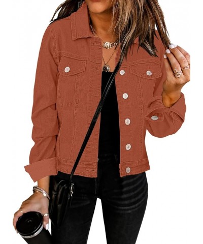 Women's Basic Button Down Long Sleeve Stretchy Jean Trucker Denim Jacket Orange Rust $28.99 Jackets