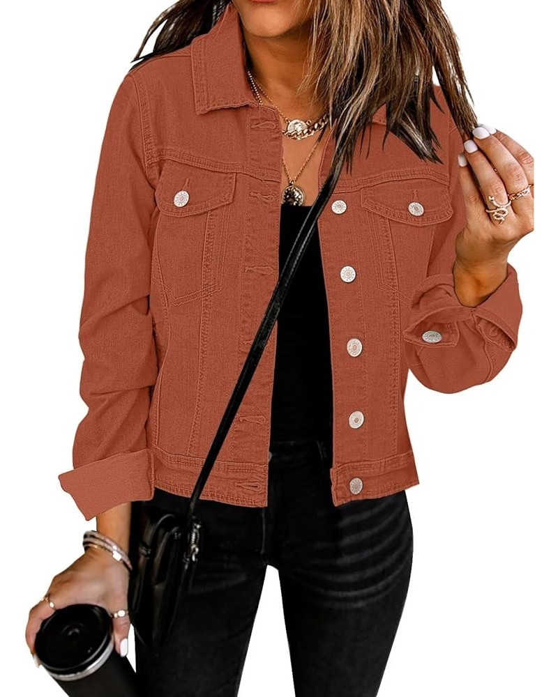 Women's Basic Button Down Long Sleeve Stretchy Jean Trucker Denim Jacket Orange Rust $28.99 Jackets