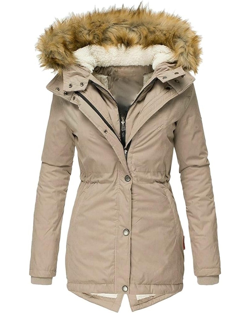 Women's Fleece Quilted Jackets with Plush Hood Zip Parka Coats Waist Thick Slim Winter Warm Elastic Padded Down Coat Khaki $2...