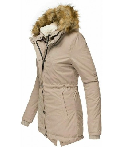 Women's Fleece Quilted Jackets with Plush Hood Zip Parka Coats Waist Thick Slim Winter Warm Elastic Padded Down Coat Khaki $2...