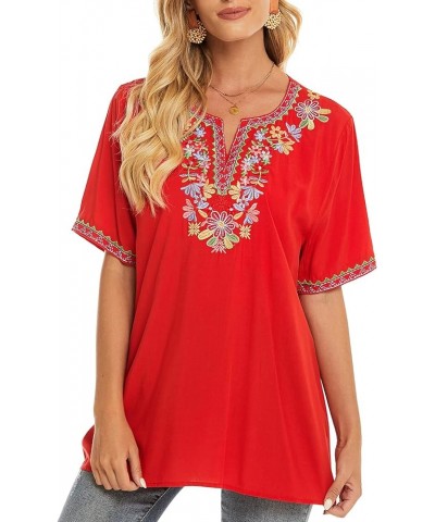 Women's Short Sleeve Bohemian Tops for Summer, Floral Embroidered Mexican Peasant Blouses, V Neck Boho Top for Women Red $18....