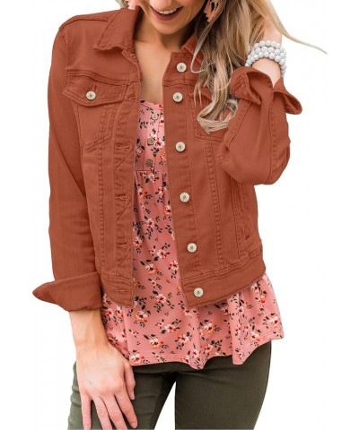 Women's Basic Button Down Long Sleeve Stretchy Jean Trucker Denim Jacket Orange Rust $28.99 Jackets