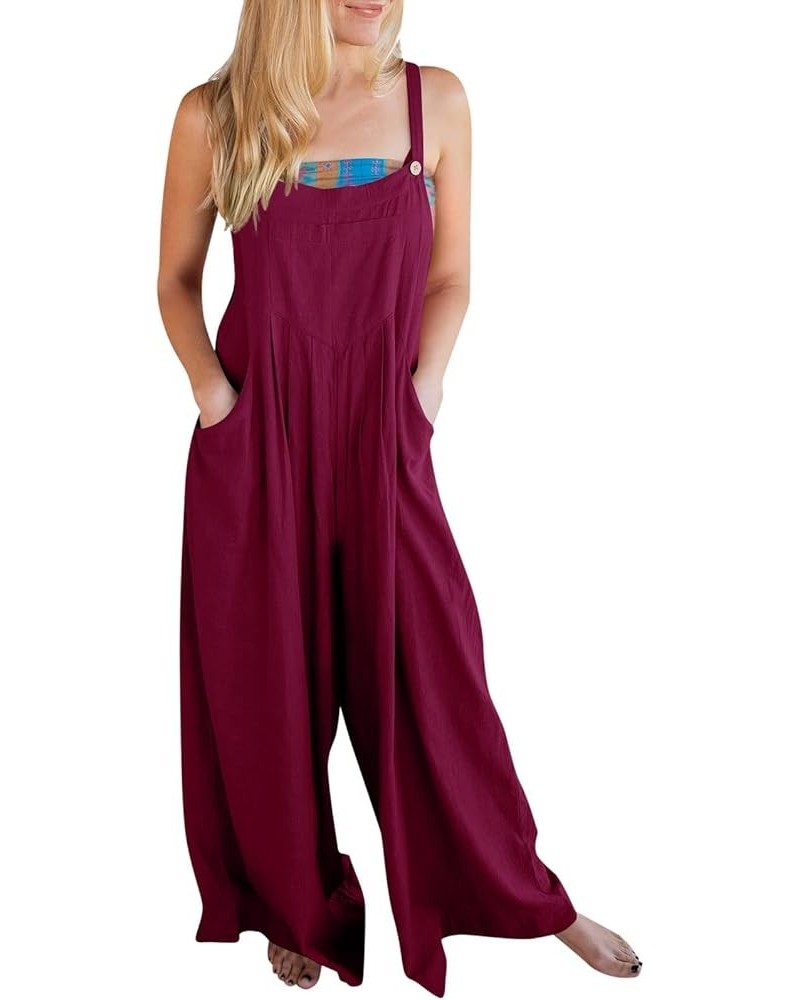 Summer Jumpsuits for Women Cotton Linen Sleeveless Adjustable Strap Button Jumpsuits Casual Loose Wide Leg Rompers G-wine $11...