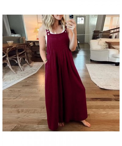 Summer Jumpsuits for Women Cotton Linen Sleeveless Adjustable Strap Button Jumpsuits Casual Loose Wide Leg Rompers G-wine $11...