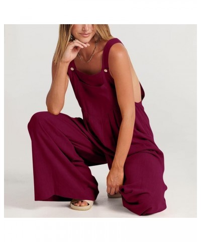 Summer Jumpsuits for Women Cotton Linen Sleeveless Adjustable Strap Button Jumpsuits Casual Loose Wide Leg Rompers G-wine $11...