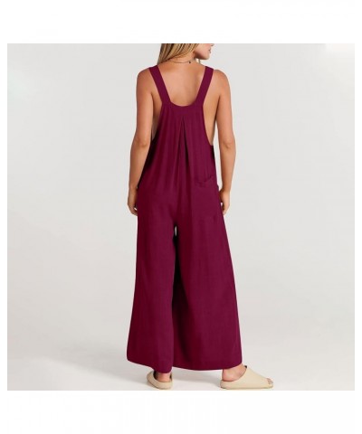 Summer Jumpsuits for Women Cotton Linen Sleeveless Adjustable Strap Button Jumpsuits Casual Loose Wide Leg Rompers G-wine $11...