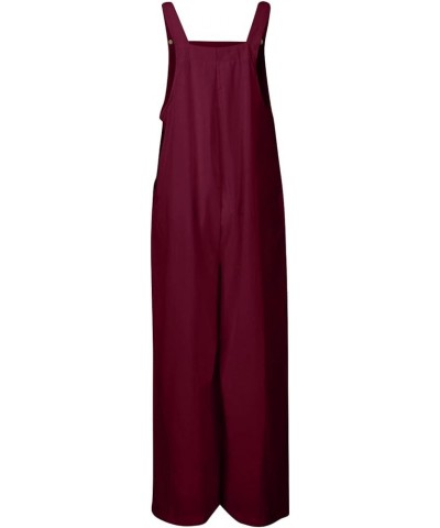 Summer Jumpsuits for Women Cotton Linen Sleeveless Adjustable Strap Button Jumpsuits Casual Loose Wide Leg Rompers G-wine $11...