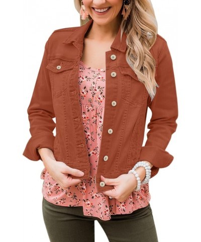 Women's Basic Button Down Long Sleeve Stretchy Jean Trucker Denim Jacket Orange Rust $28.99 Jackets