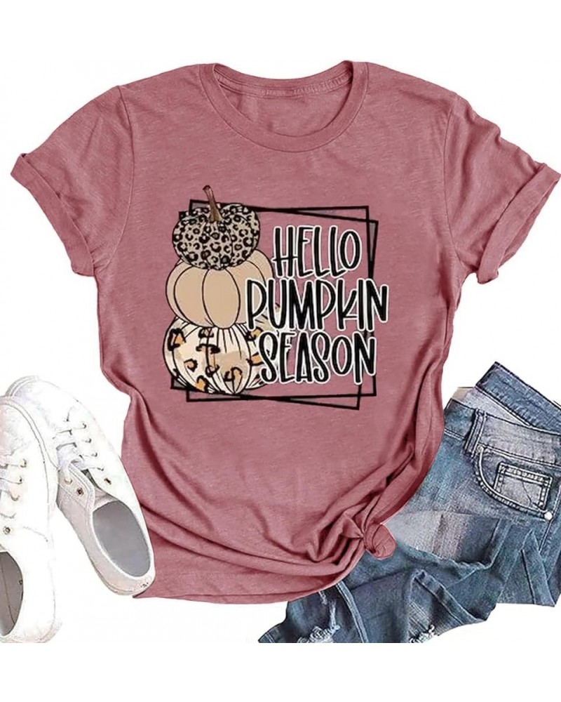 Halloween Pumpkin Graphic Shirt Women Leopard Pumpkin Short Sleeve Cute Fall Tee Tops Thanksgiving Gift T-Shirt Pink2 $11.76 ...