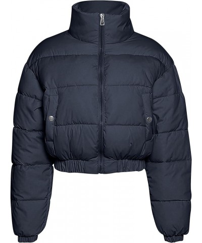 Women Short Down Jacket Lightweight Long Sleeve Zip Stand Collar Pockets Quilted Puffer Coat Navy Blue $23.84 Jackets