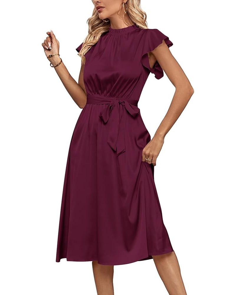 Women's Frill Mock Neck Tie Waist Flutter Sleeve Ruffle Hem Flowy A Line Midi Dress Wine Red $23.39 Dresses