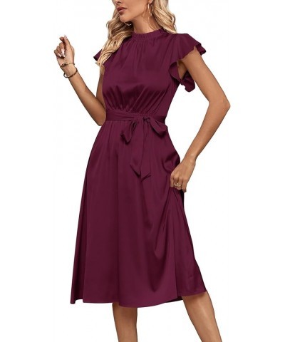 Women's Frill Mock Neck Tie Waist Flutter Sleeve Ruffle Hem Flowy A Line Midi Dress Wine Red $23.39 Dresses