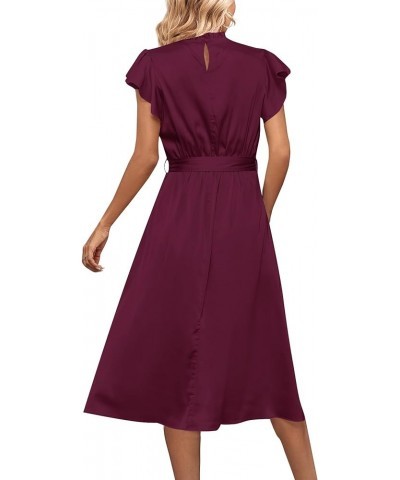 Women's Frill Mock Neck Tie Waist Flutter Sleeve Ruffle Hem Flowy A Line Midi Dress Wine Red $23.39 Dresses