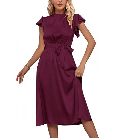 Women's Frill Mock Neck Tie Waist Flutter Sleeve Ruffle Hem Flowy A Line Midi Dress Wine Red $23.39 Dresses