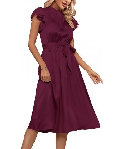 Women's Frill Mock Neck Tie Waist Flutter Sleeve Ruffle Hem Flowy A Line Midi Dress Wine Red $23.39 Dresses