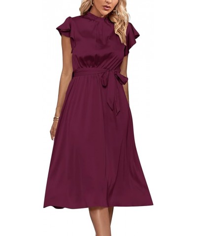 Women's Frill Mock Neck Tie Waist Flutter Sleeve Ruffle Hem Flowy A Line Midi Dress Wine Red $23.39 Dresses