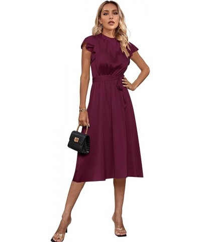 Women's Frill Mock Neck Tie Waist Flutter Sleeve Ruffle Hem Flowy A Line Midi Dress Wine Red $23.39 Dresses