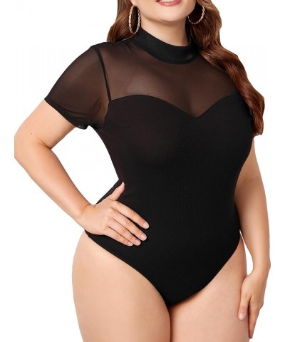 Women's Plus Size Mock Neck Mesh Sheer Short Sleeve Bodysuit Tee Shirt Tops Black $12.32 Bodysuits