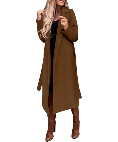 Women's Long Coats Fashion Winter Woolen Coat Elegant Lapel Trench Solid Color Jacket Work Tie Coat, S-3XL Ho1-brown $24.83 C...