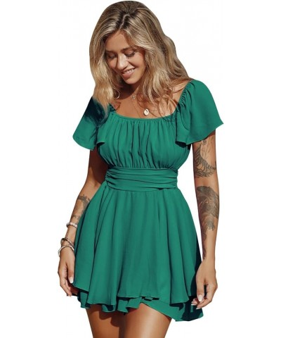 Women's 2024 Summer Ruffle Short Sleeve Tie Back Romper Dress Square Neck A-Line Cute Dressy Short Jumpsuits Dark Green $25.8...