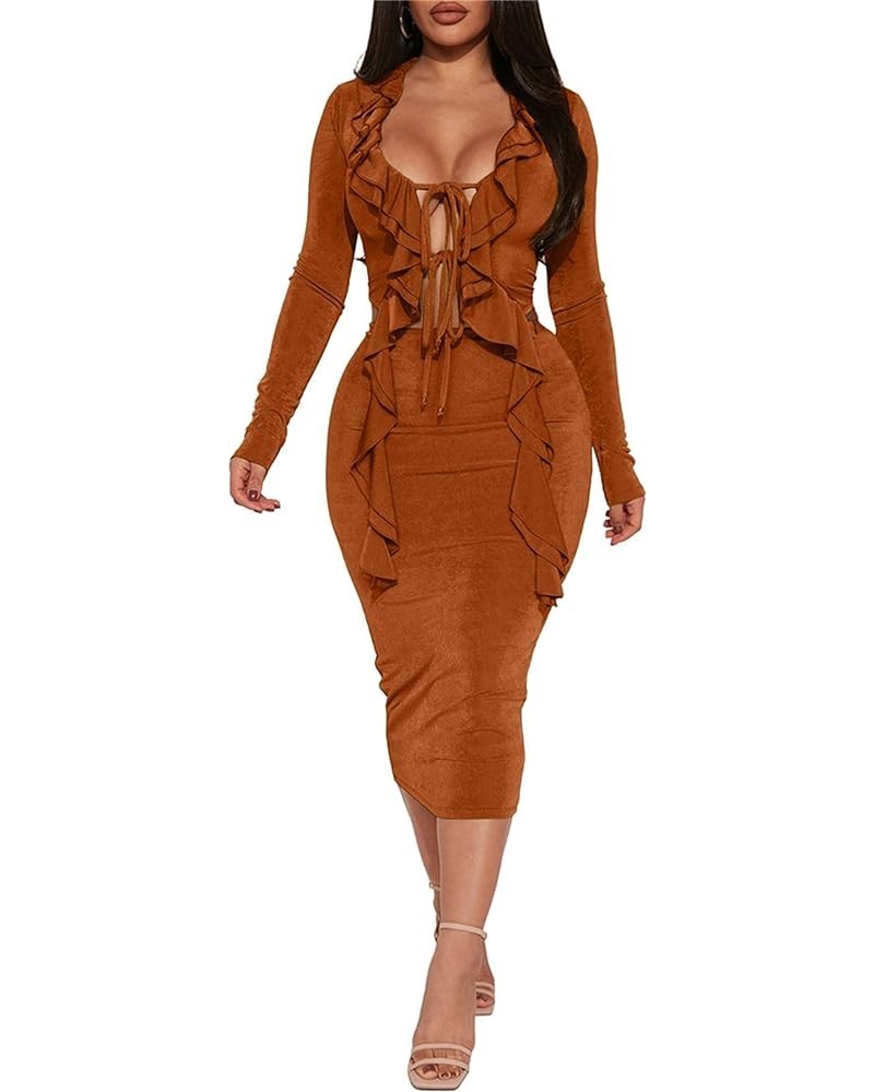 Womens Sexy 2 Piece Skirt Set Ruffled Tie Front Split Long Sleeve Tops Bodycon Midi Skirt Sets Party Club Outfits Brown $23.3...