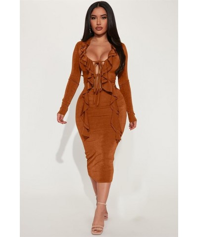 Womens Sexy 2 Piece Skirt Set Ruffled Tie Front Split Long Sleeve Tops Bodycon Midi Skirt Sets Party Club Outfits Brown $23.3...