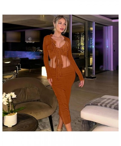 Womens Sexy 2 Piece Skirt Set Ruffled Tie Front Split Long Sleeve Tops Bodycon Midi Skirt Sets Party Club Outfits Brown $23.3...