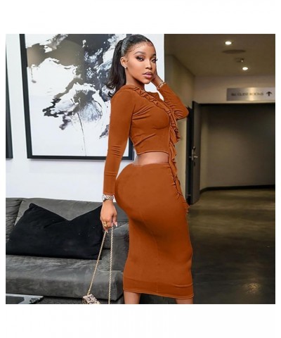 Womens Sexy 2 Piece Skirt Set Ruffled Tie Front Split Long Sleeve Tops Bodycon Midi Skirt Sets Party Club Outfits Brown $23.3...