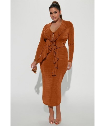 Womens Sexy 2 Piece Skirt Set Ruffled Tie Front Split Long Sleeve Tops Bodycon Midi Skirt Sets Party Club Outfits Brown $23.3...