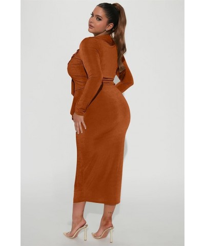 Womens Sexy 2 Piece Skirt Set Ruffled Tie Front Split Long Sleeve Tops Bodycon Midi Skirt Sets Party Club Outfits Brown $23.3...