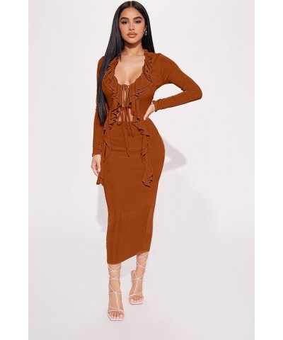 Womens Sexy 2 Piece Skirt Set Ruffled Tie Front Split Long Sleeve Tops Bodycon Midi Skirt Sets Party Club Outfits Brown $23.3...