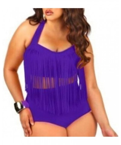 Women Plus Size Swimsuit Sets High Waist Fringe Swimwear Beachwear Solid Color Split Two Piece Swimsuit Purple $17.10 Swimsuits