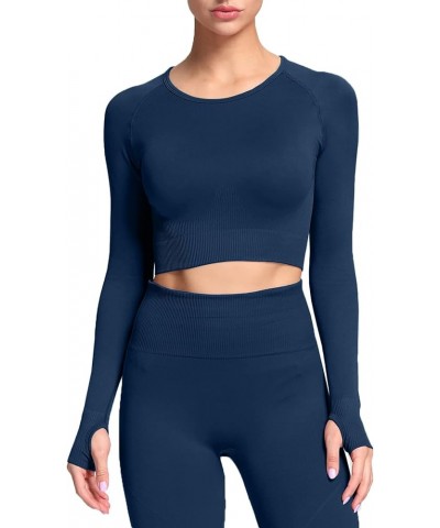 Women's Workout Hyperflex Lightweight Long Sleeve Seamless Crop Top Gym Sport Shirts A Navy $9.35 Activewear