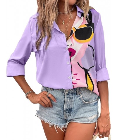 Women's Figure Graphic Colorful Button Down Shirts Long Sleeve Collared Shirt Blouse Tops Purple $16.42 Blouses