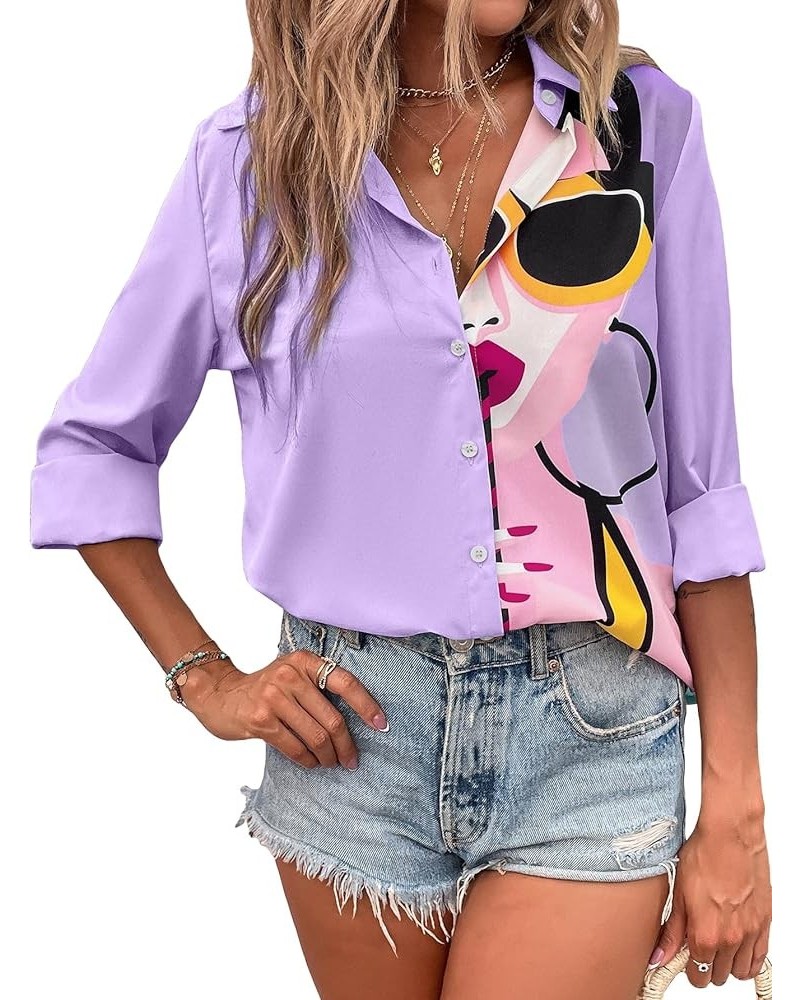 Women's Figure Graphic Colorful Button Down Shirts Long Sleeve Collared Shirt Blouse Tops Purple $16.42 Blouses