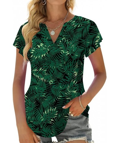 2023 Womens Summer Tops V Neck Ruffle Short Sleeve Tshirts Tunic Casual Tops Blouses for Women Green Leaf Black $13.04 T-Shirts