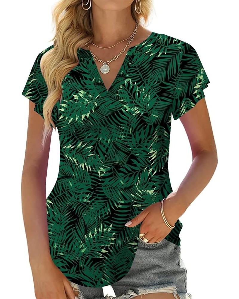 2023 Womens Summer Tops V Neck Ruffle Short Sleeve Tshirts Tunic Casual Tops Blouses for Women Green Leaf Black $13.04 T-Shirts