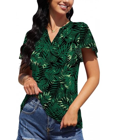 2023 Womens Summer Tops V Neck Ruffle Short Sleeve Tshirts Tunic Casual Tops Blouses for Women Green Leaf Black $13.04 T-Shirts