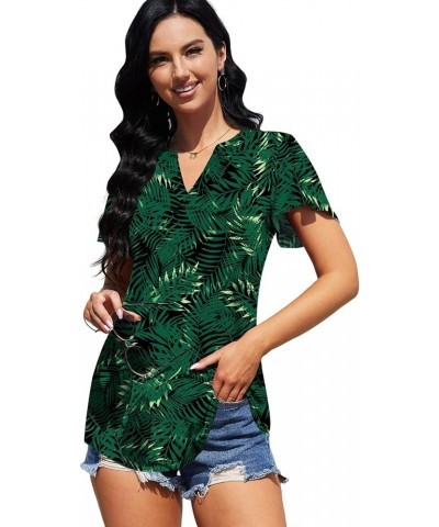 2023 Womens Summer Tops V Neck Ruffle Short Sleeve Tshirts Tunic Casual Tops Blouses for Women Green Leaf Black $13.04 T-Shirts