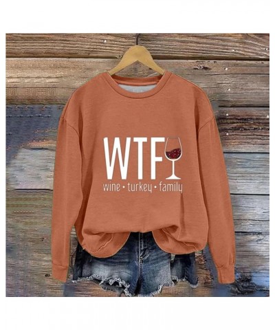 WTF Wine Turkey Family Sweatshirt Women Casual Thanksgiving Sweaters Loose Lightweight Long Sleeve Crew Neck Hoodies 2orange ...