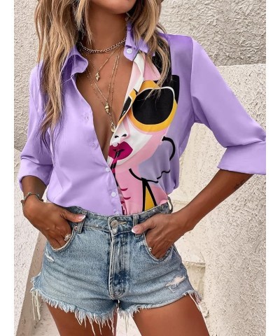 Women's Figure Graphic Colorful Button Down Shirts Long Sleeve Collared Shirt Blouse Tops Purple $16.42 Blouses