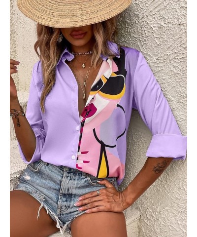 Women's Figure Graphic Colorful Button Down Shirts Long Sleeve Collared Shirt Blouse Tops Purple $16.42 Blouses