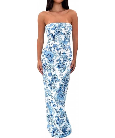 Sexy Women Casual Tube Long Dress Strapless Off Shoulder Hollow Out Skinny Maxi Dresses Party Beach Sundress H Floral Blue $1...