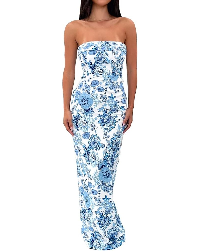 Sexy Women Casual Tube Long Dress Strapless Off Shoulder Hollow Out Skinny Maxi Dresses Party Beach Sundress H Floral Blue $1...