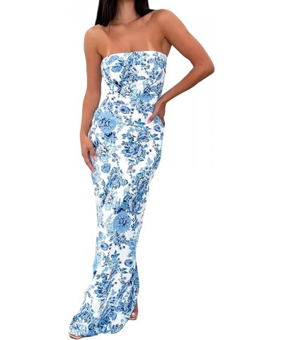 Sexy Women Casual Tube Long Dress Strapless Off Shoulder Hollow Out Skinny Maxi Dresses Party Beach Sundress H Floral Blue $1...