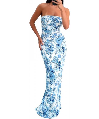 Sexy Women Casual Tube Long Dress Strapless Off Shoulder Hollow Out Skinny Maxi Dresses Party Beach Sundress H Floral Blue $1...